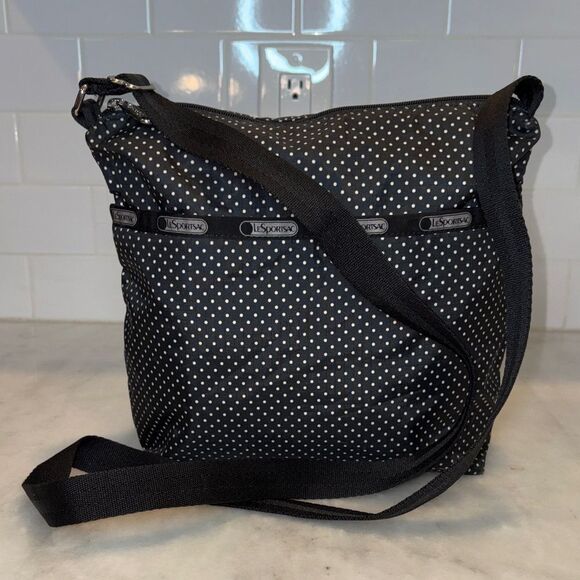 Lesportsac Handbags - LeSportsac Purse Crossbody Shoulder Bag Black White Polka Dot Nylon